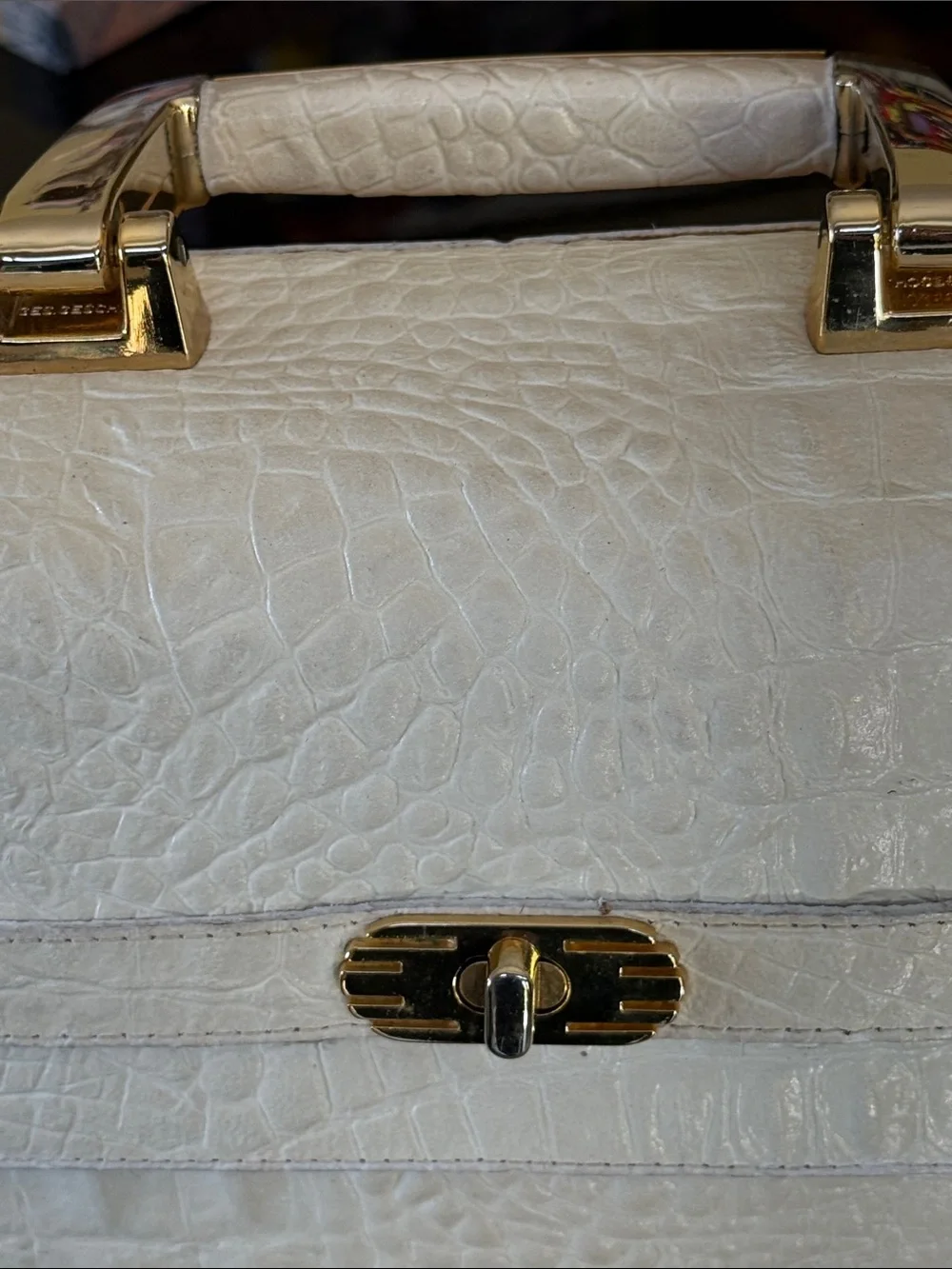 Elke Sommer Leather Classic Cream Croc-Embossed Top-Handle Collectable Bag